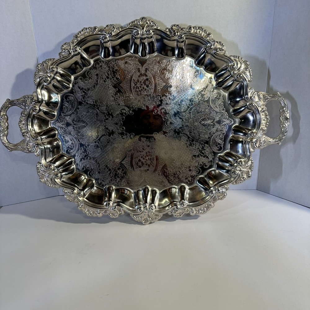 Vintage Large Silverplate Serving Tray Round Ornate Floral Etched Handles Victor